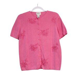 Vintage 90s Knit Cardigan Sweater Medium Pink Floral Embroidered Feminine Ramie